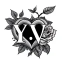 Use Roman or Greek font for the initials Y.V. and use rose and heart tattoo design idea