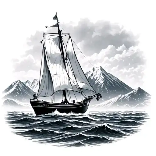 sailboat ocean  snow mountains tattoo design idea