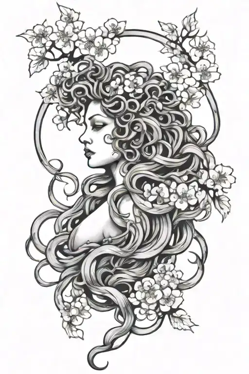 trans medusa surrounded by cherry blossoms tattoo design idea