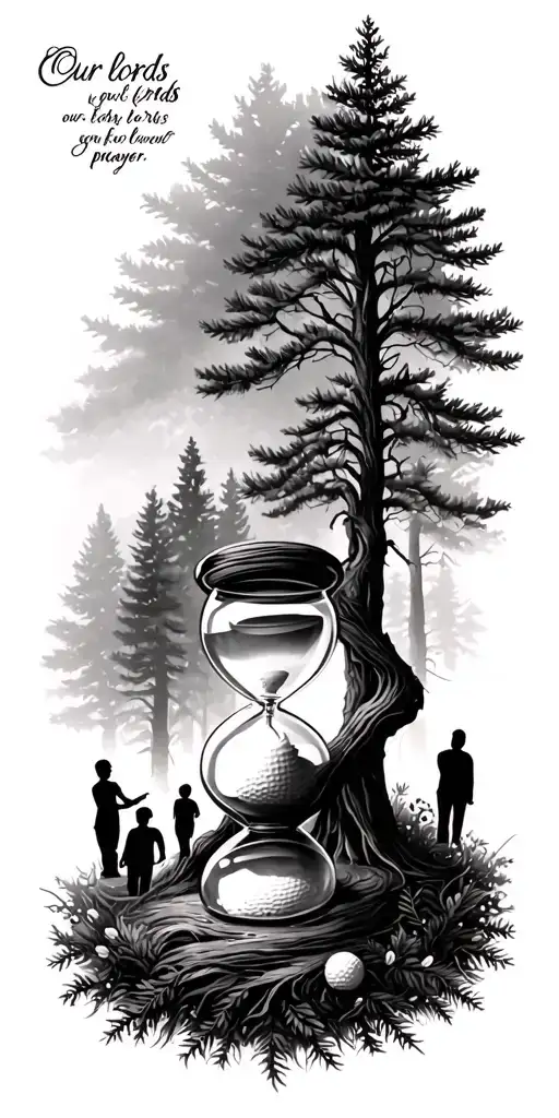 "Our lords prayer" "Our lords prayer" Pine forest wrap around and family tree and hour glass father with 3 kids and golf tattoo design idea