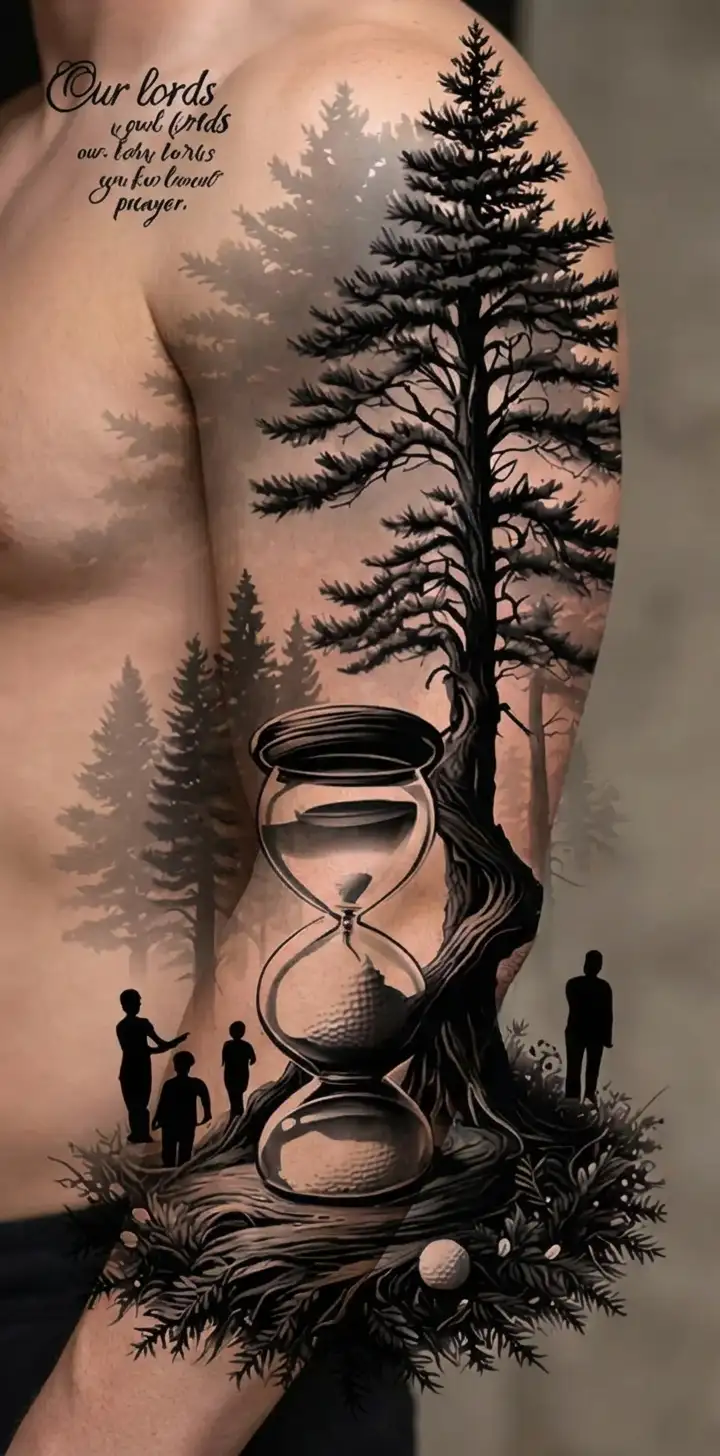 "Our lords prayer" "Our lords prayer" Pine forest wrap around and family tree and hour glass father with 3 kids and golf tattoo design idea