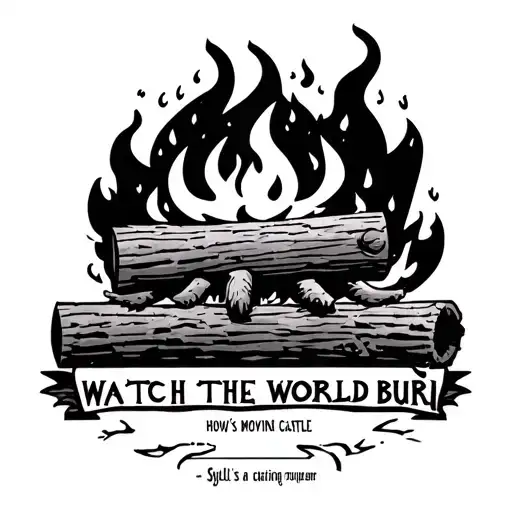 "watch the world burn" Calcifer from the movie "howl's moving castle" eating a log tattoo design idea