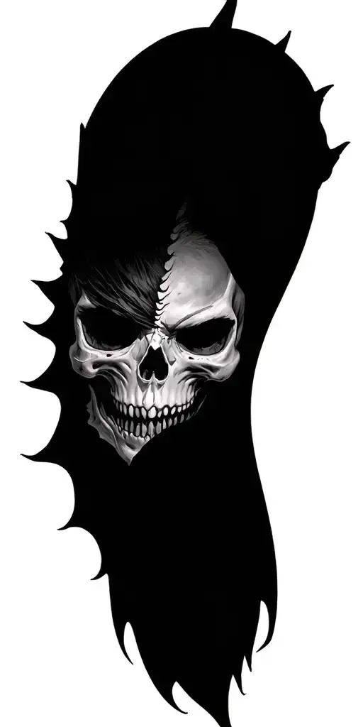 night fury, skulls representing dark periods, womans half face half skull, alpha and omega  tattoo design idea