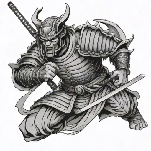 Oni samurai in full armor with sword out black and grey lines only with a dragon wrapped around his body tattoo design idea