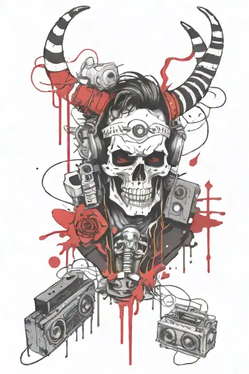 A graffiti artist character holding a skull with horns, surrounded by cassette tapes and spray cans tattoo design idea