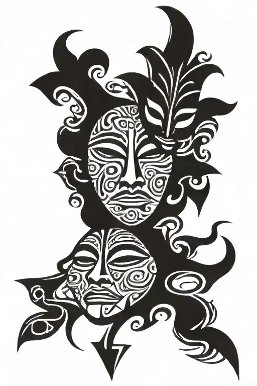 totem masks tragedy and comedy tattoo design idea