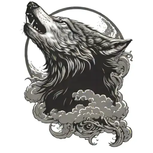 A wolf howling at the moon surrounded by swirling dark clouds representing facing your demons tattoo design idea
