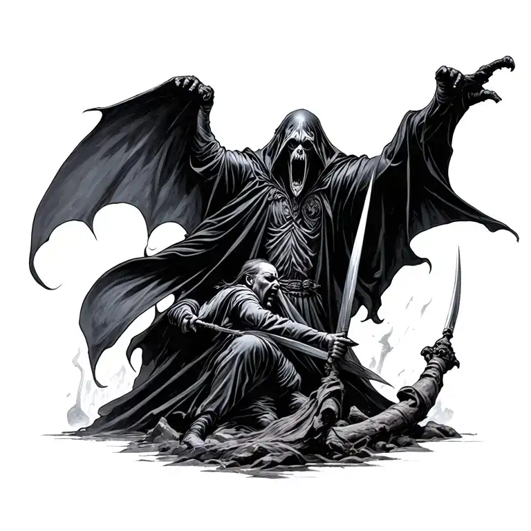 Harry Potter theme with dementor engaged in a battle tattoo design idea