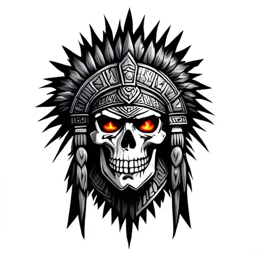 aztec warrior in skull form with fire eyes tattoo design idea