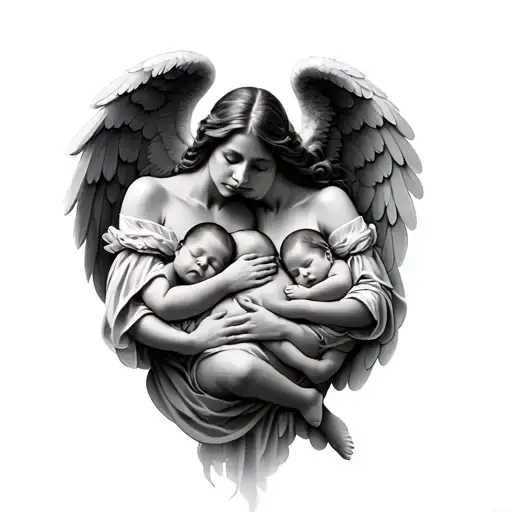 Realistic black and white tattoo style, a protective angel carrying two newborn babies sleeping in her lap. Angel woman figure, Sak tattoo design idea