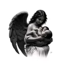 Realistic black and white tattoo style, a protective angel carrying two newborn babies sleeping in her lap. Angel woman figure, Sak tattoo design idea