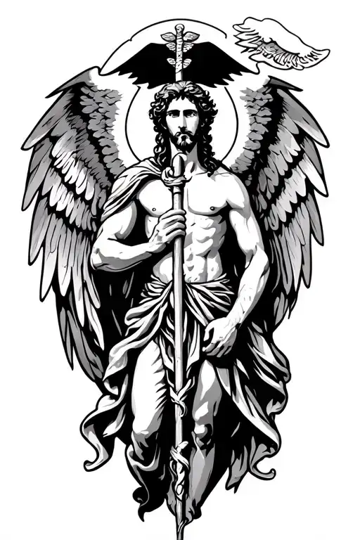 st Raphael holding a caduceus staff symbol tattoo design idea