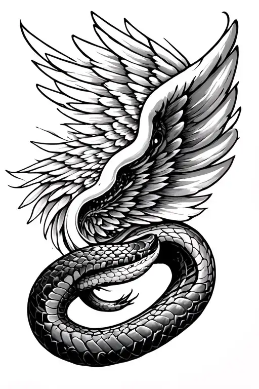 wing on trap to geometric pattern on bicep area to a wrap around snake on forearm tattoo design idea
