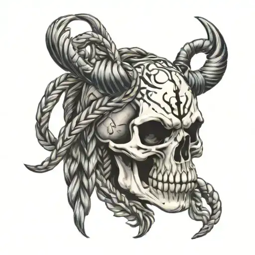 H.O.G with six braids on skull  tattoo design idea