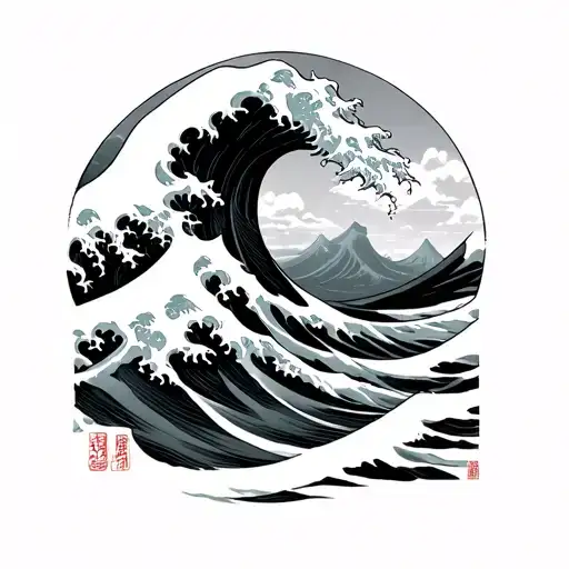 Kanagawa's big wave with the Kanji Friend tattoo design idea