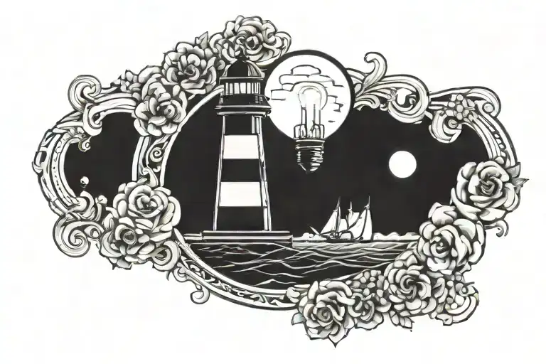 lighthouse shining light bulb tattoo design idea