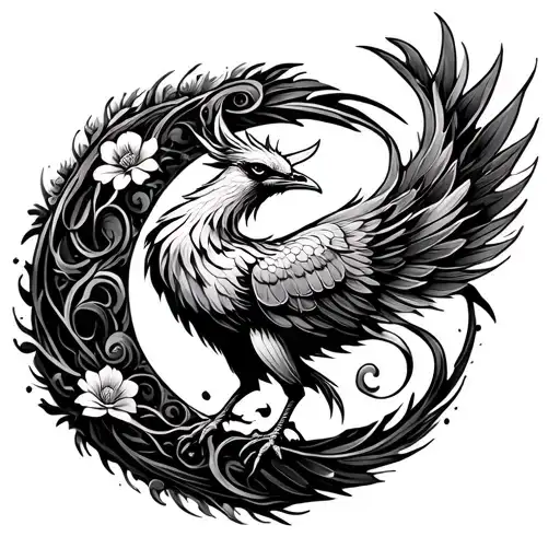 stylized detailed phenix surrounded by swirling floral patterns in circular lunar shape tattoo design idea