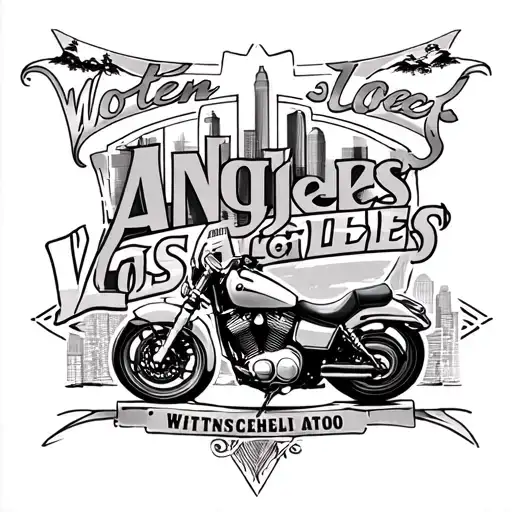 A tatto of the los angeles skyline  wof a motorcycle , with important city of angeles witten highlighted  tattoo design idea
