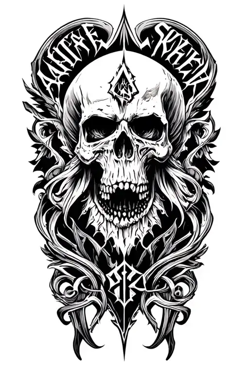 Incorporate iconic metal band logos into a tattoo design, with a dark and intricate aesthetic tattoo design idea