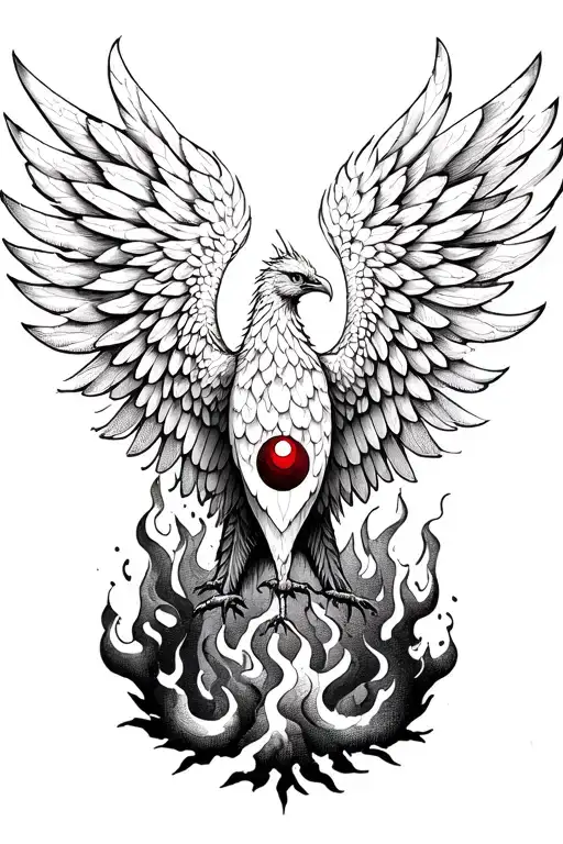 burning wing of a phoenix rising from the ashes symbolizing rebirth, sharingan eyes tattoo design idea