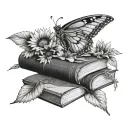 A stack of books with moth wings and sunflowers growing from the pages tattoo design idea