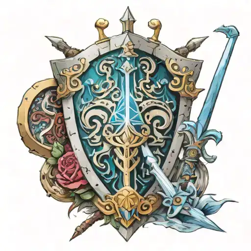Link's master sword and mighty zonaite sword next to his shield  tattoo design idea
