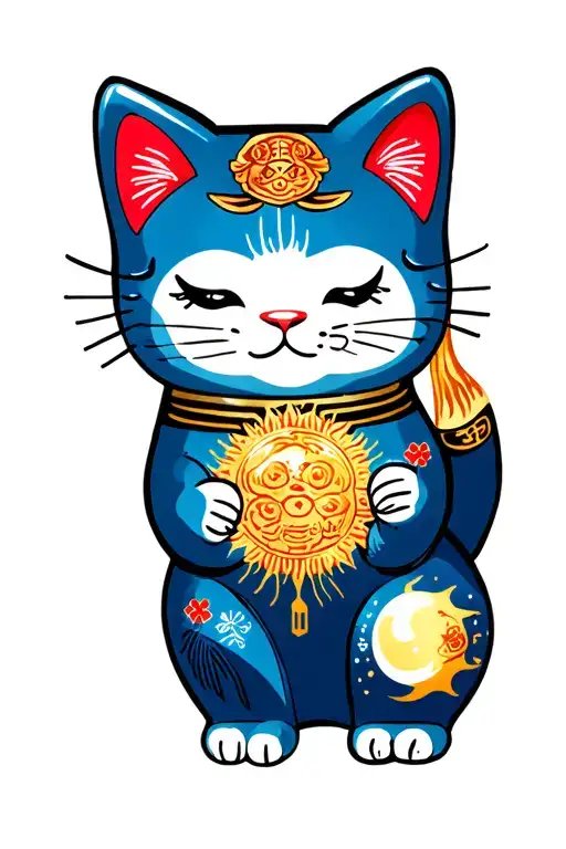 Maneki Neko, Omamori Charms, Plane, Sun and Moon tattoo design idea