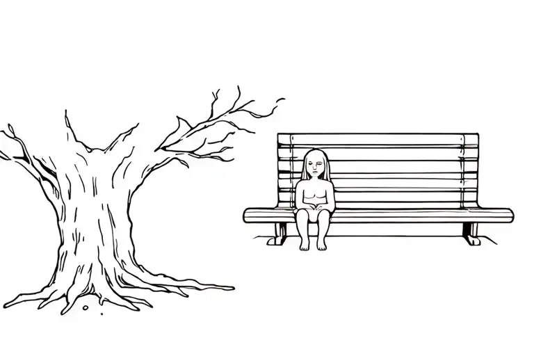 oak tree straight bench and crying babe sitting under tattoo design idea