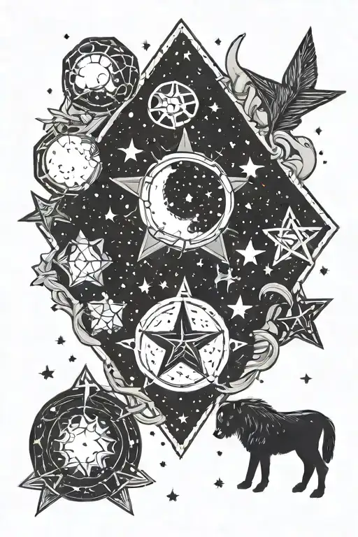 night sky with stars and galaxies, witchy, crystals, coven tattoo design idea