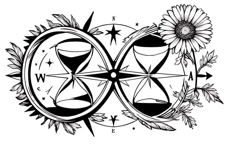 aries, compass rose, hourglass, feathers, stars, daisy and dandelions  tattoo design idea