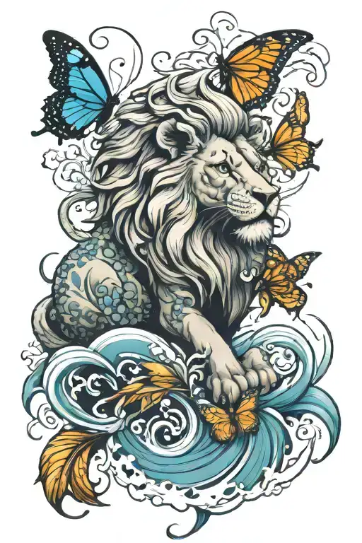 lion, butterfly, harvest, crab and water waves tattoo design idea