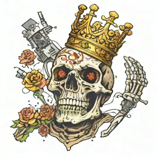 a skeleton with a crown that eats microcontrollers, 2d esk radio components are scattered on the table tattoo design idea
