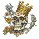 a skeleton with a crown that eats microcontrollers, 2d esk radio components are scattered on the table tattoo design idea