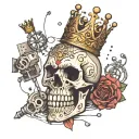 a skeleton with a crown that eats microcontrollers, 2d esk radio components are scattered on the table tattoo design idea