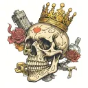 a skeleton with a crown that eats microcontrollers, 2d esk radio components are scattered on the table tattoo design idea