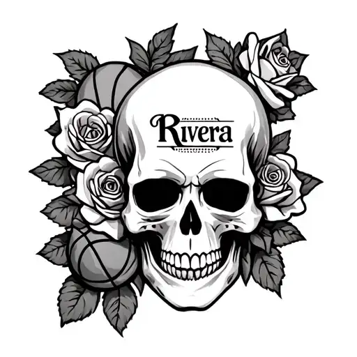 Skull and roses with the name rivera and baseball, basketball and football tattoo design idea