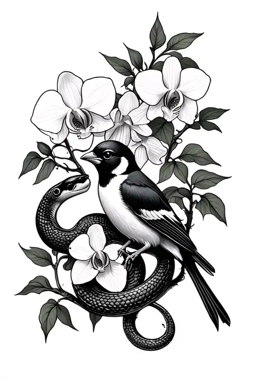 Ivy vines growing, snake intertwined, orchid flowers, goldfinch  tattoo design idea