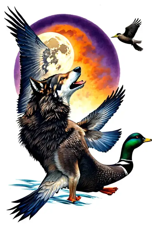 female Timberwolf howling at the moon with a male Mallard duck flying into an purple, orange, and yellow sunset tattoo design idea