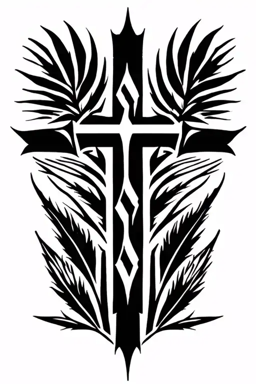 cross, palms leaves and yeshua in hebrew text tattoo design idea