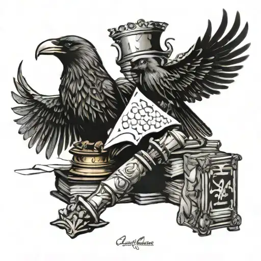 king and queen chess piece with books and raven flying tattoo design idea