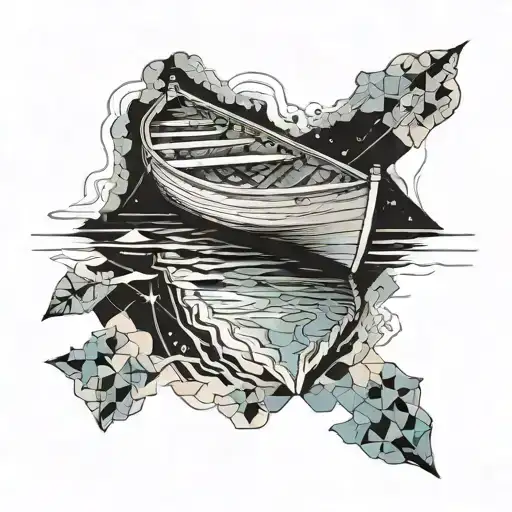 A wooden row boat floating serenely on a river, with a tranquil sky above, drowning, topdown view  tattoo design idea