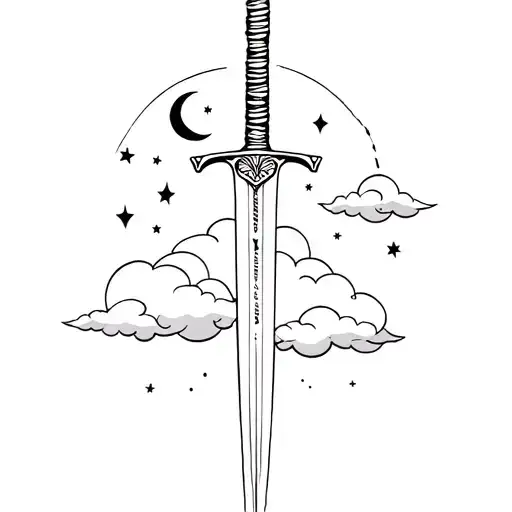 sword with moon stars clouds tattoo design idea