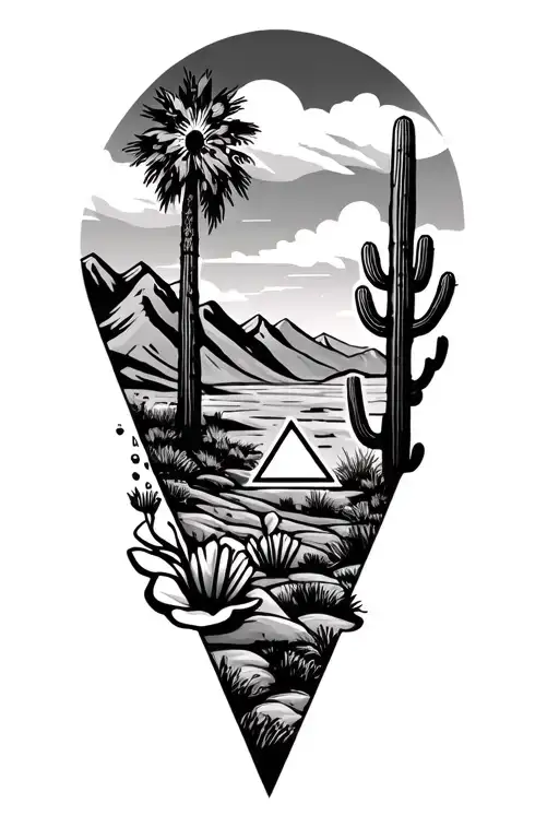 palm springs mountains with windmills and cactus and 3 triangles tattoo design idea