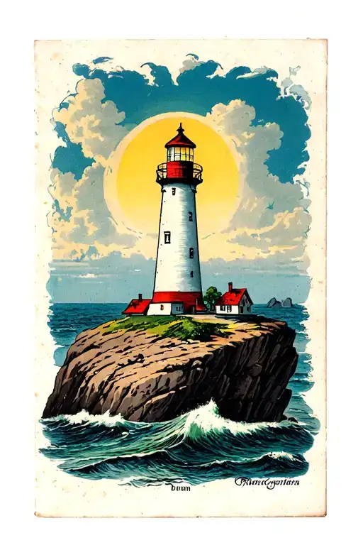 lighthouse on a rock framed tattoo design idea