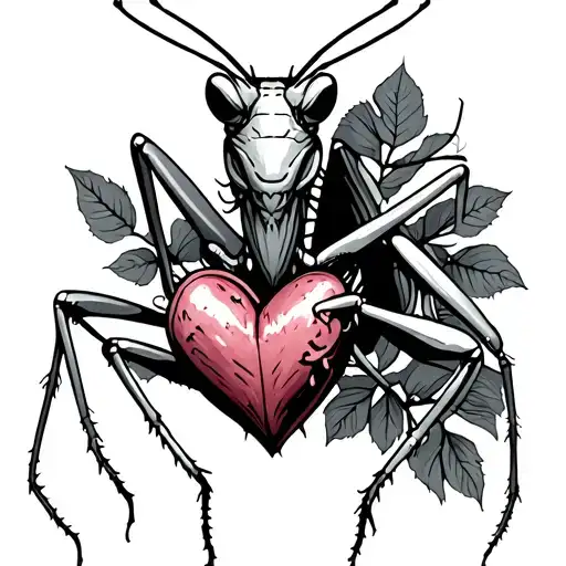 praying mantis eating a heart tattoo design idea