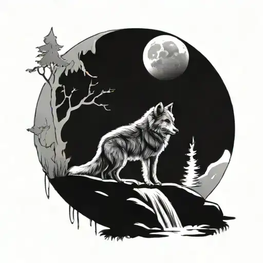 wolf waterfall moon forest wolf cub tattoo design idea