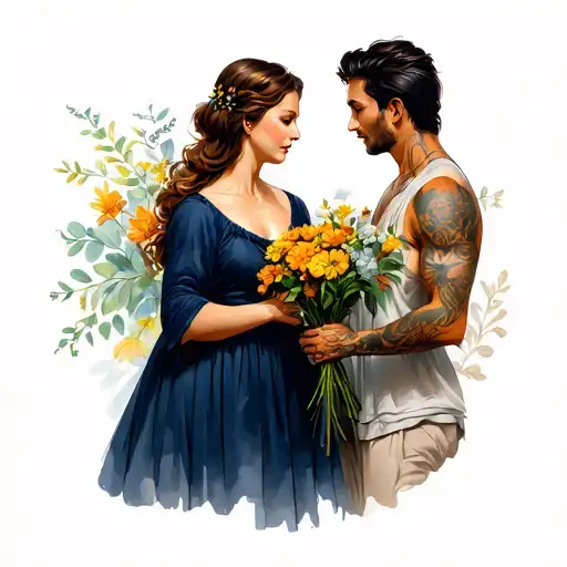 A man giving some flowers to his mother tattoo design idea