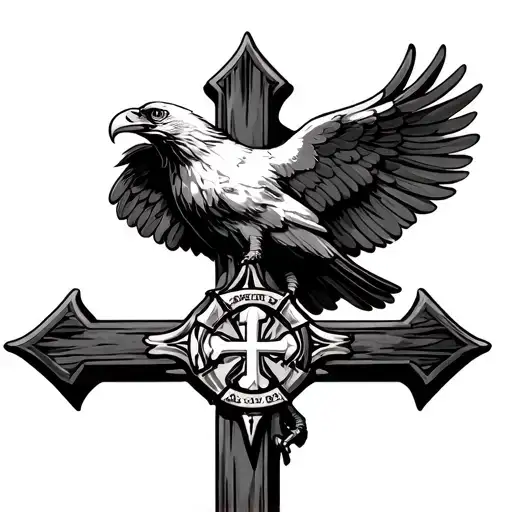 Christian cross with Maltese firefighting emblem and eagle perched on the cross tattoo design idea
