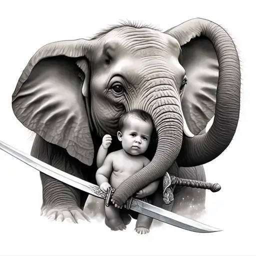 elephant with baby boy holding sword tattoo design idea