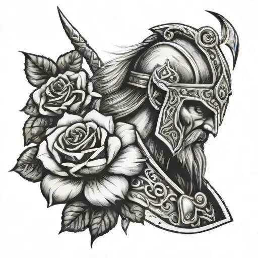 viking warrior and rose tattoo design idea